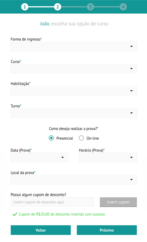 Etapa 2: Identificação do curso | ficha de inscrição educacional